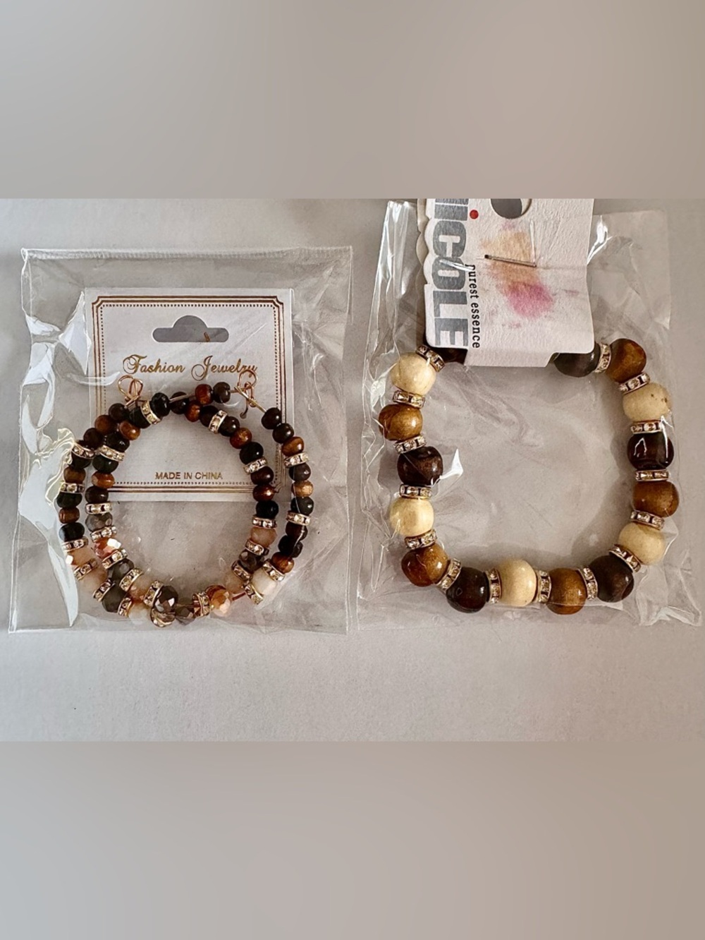 Boho Wood Beads Earrings & Bracelet Set • NIP • Gold-Tone Rhinestones Hoop NEW
